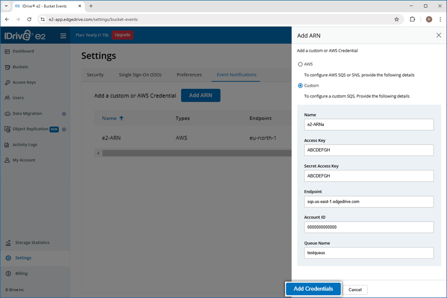 FAQ dashboard - Add custom credentials screen