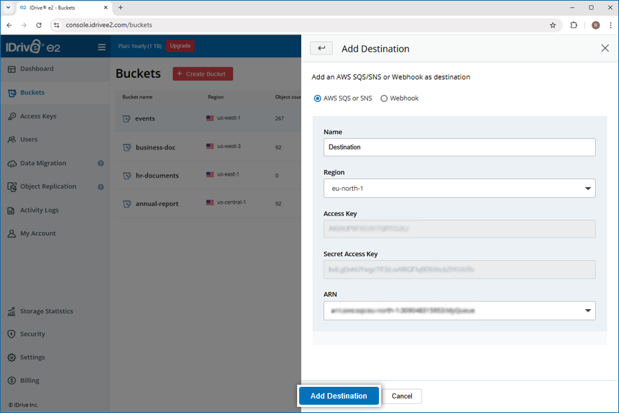 Faq Event Notifications - add notification destination