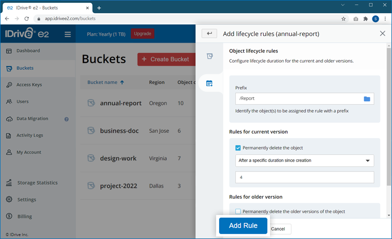 FAQ dashboard - Add lifecycle rule screen