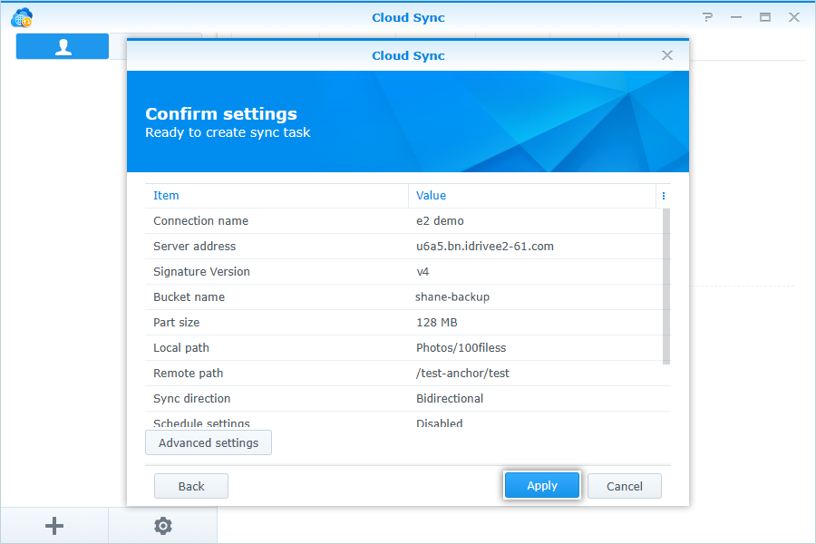 Synology cloud sync guide - Apply and confirm settings