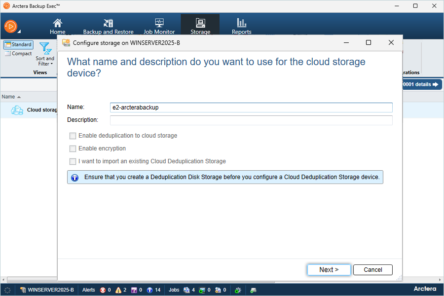 Enter Name and Description for Cloud Storage