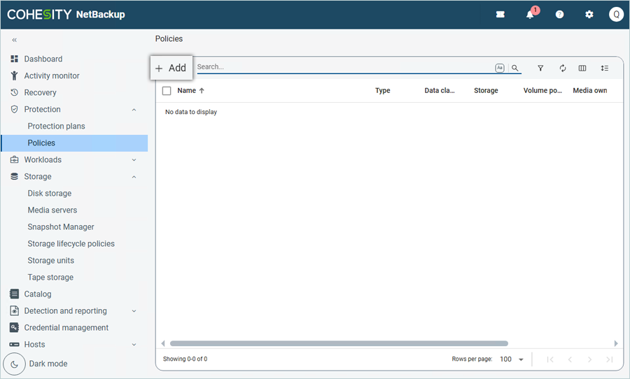Click Add to create a new policy in the Policies tab