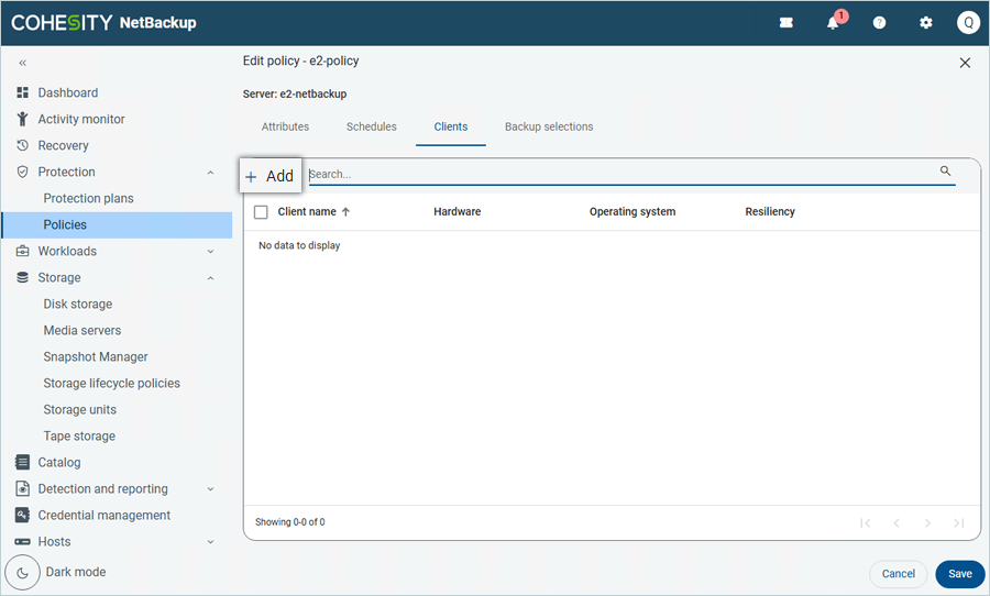 Click Add to add the NetBackup client