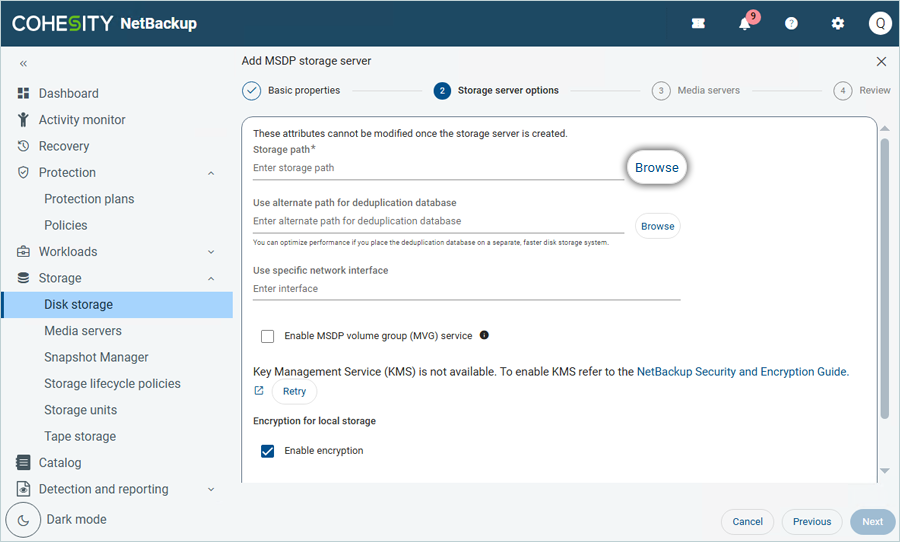 Click Browse to select the storage path