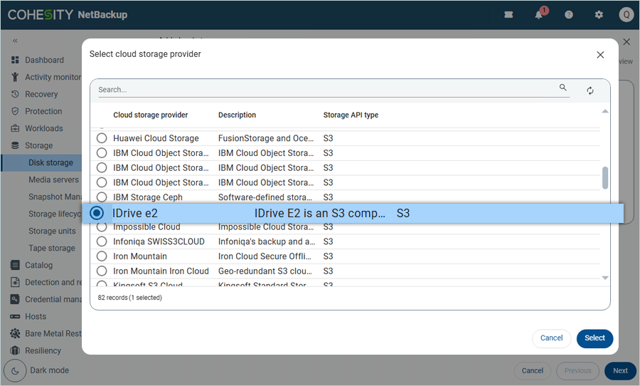 Click Cloud storage provider and select IDrive e2 as the storage provider