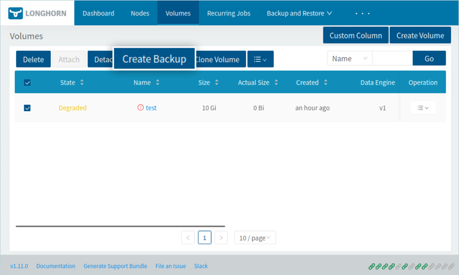 Longhorn console screen for creating a backup from a selected volume