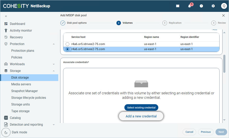 Click Add a new credential to enter IDrive e2 access and secret keys