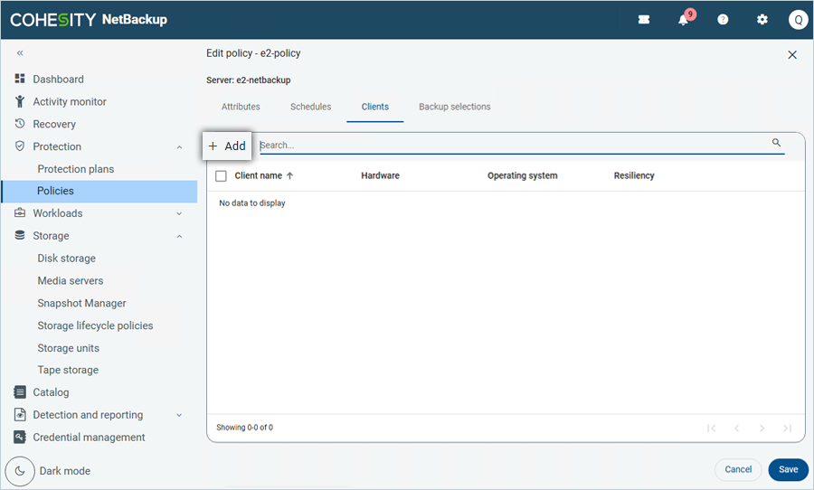 Click Add to add the NetBackup client