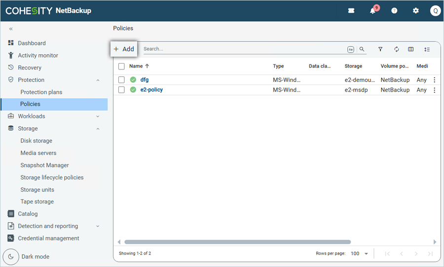 Click Add to create a new policy in the Policies tab