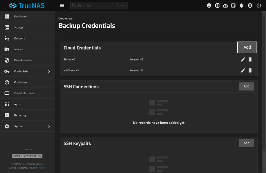 TrueNAS Cloud Credentials window showing the Add button for creating a new credential