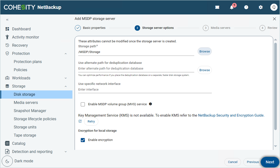 Click Next in the MSDP storage server setup