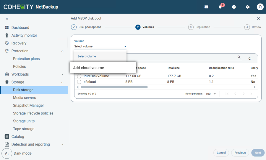 Click Select volume and choose Add cloud volume