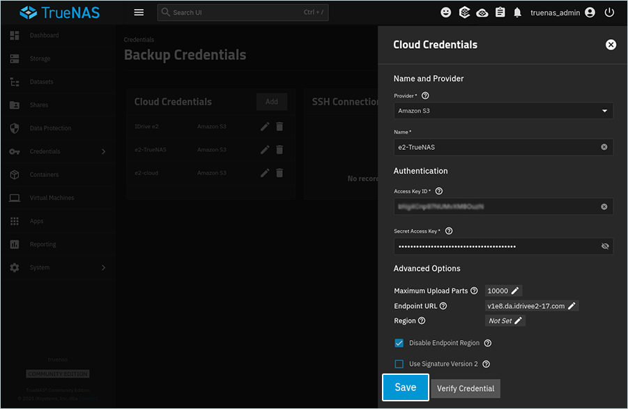 TrueNAS credential form prompting the user to verify credentials and save settings