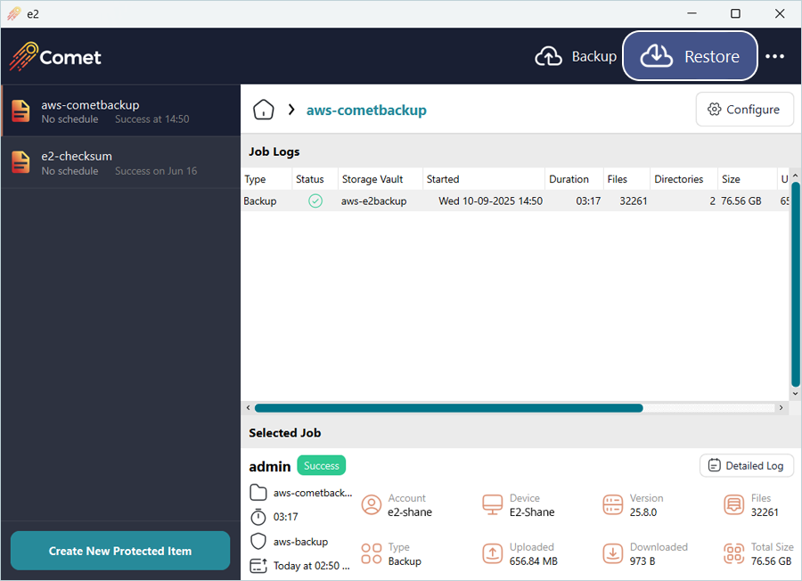 Click Restore on the Comet Backup dashboard