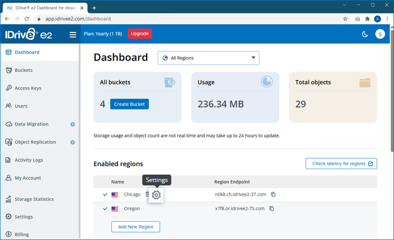 Click the settings icon next to the region name on the dashboard