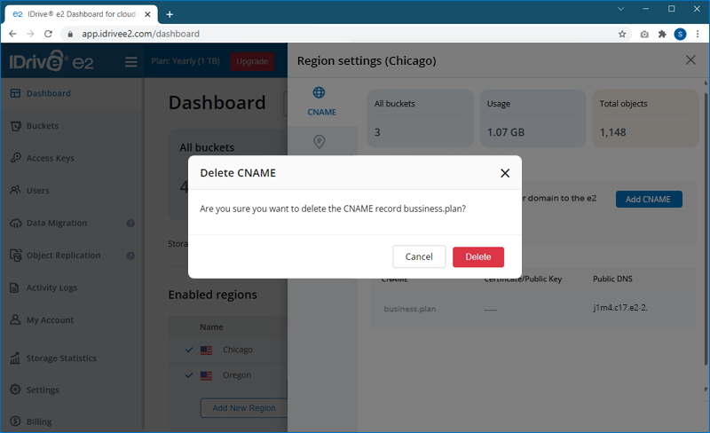 Confirm deletion by clicking Delete in the popup