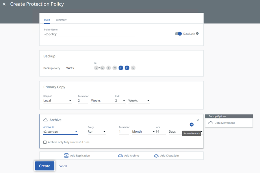 Add archive details and click Create to save the protection policy
