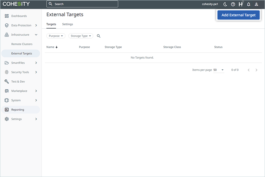 Click Add External Target in Cohesity