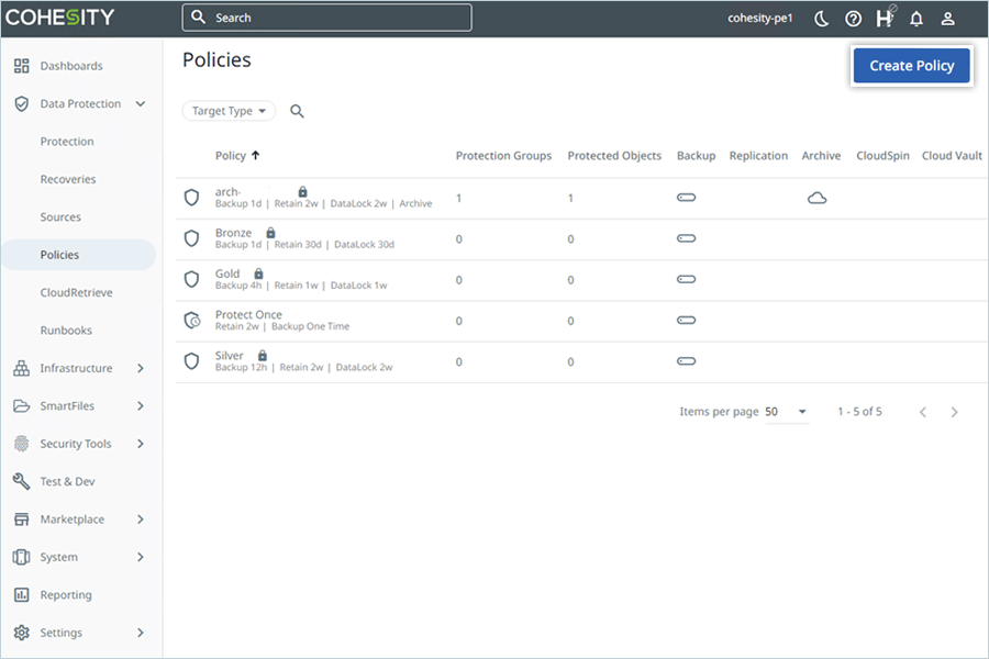Click Create Policy in Cohesity Data Protection