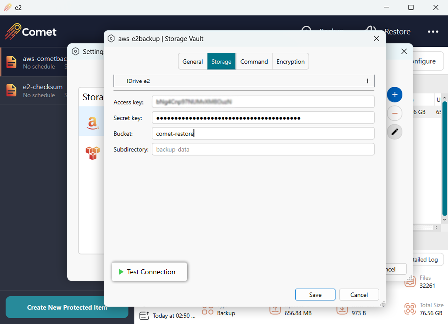 Enter IDrive e2 credentials and click Test Connection
