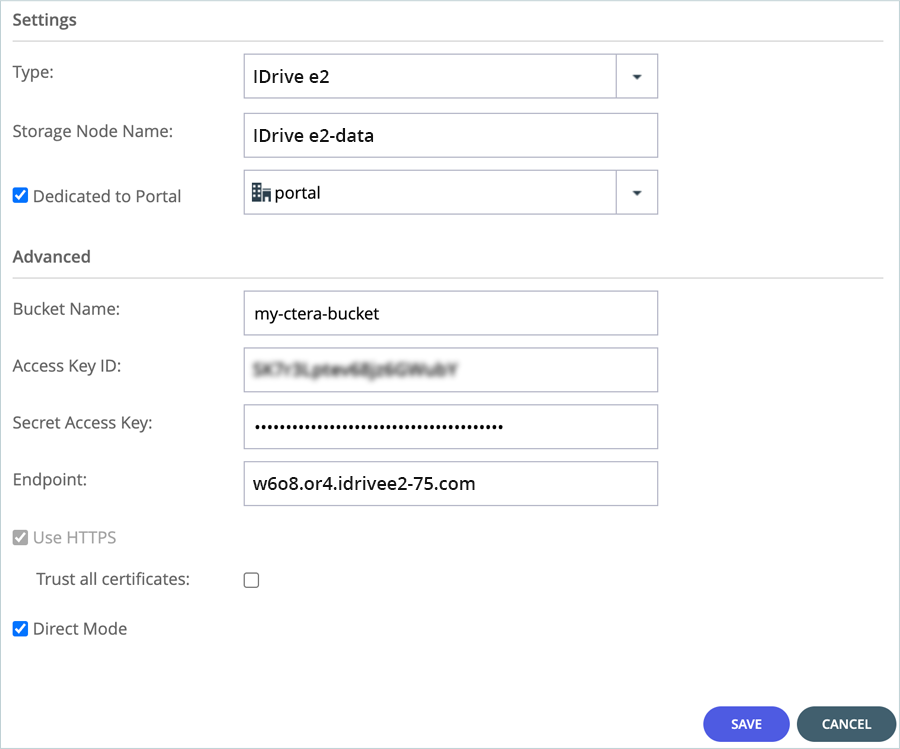 Enter IDrive e2 bucket, access key, secret key, and endpoint, then click Save