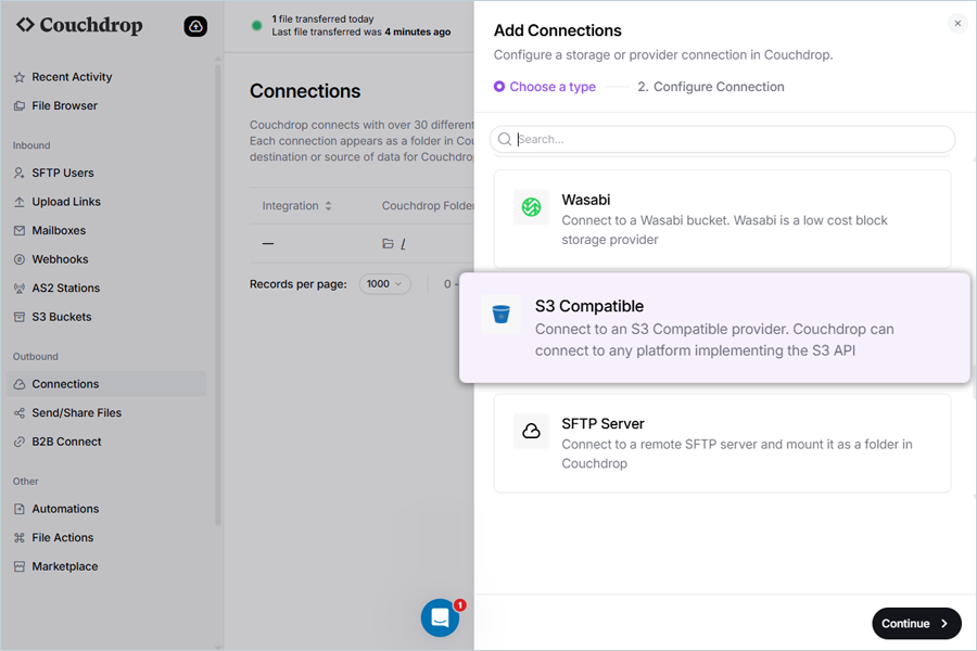 Select S3 Compatible from the options in Choose a type
