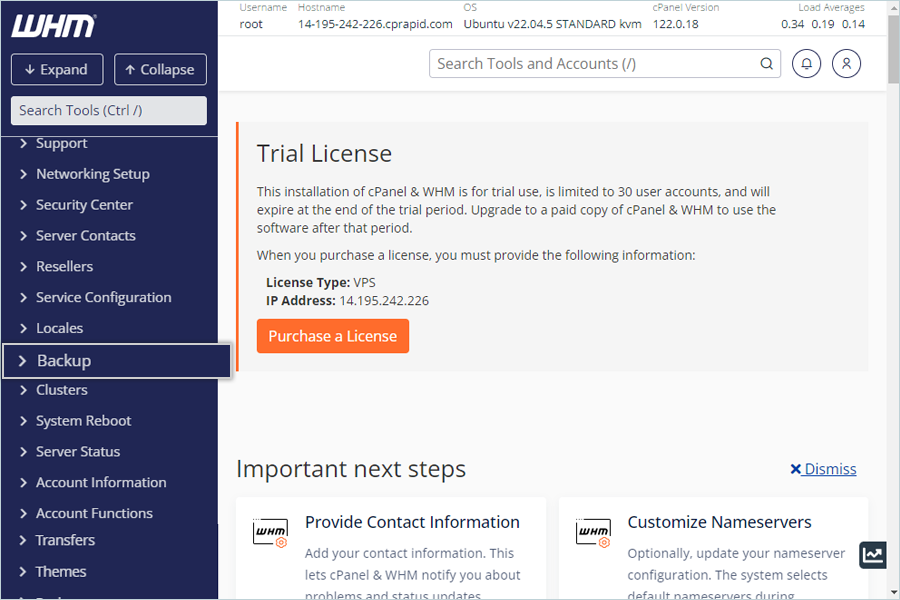 Click Backup to open backup options from the cPanel side menu
