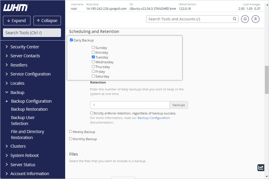 Set a backup schedule based on the requirement