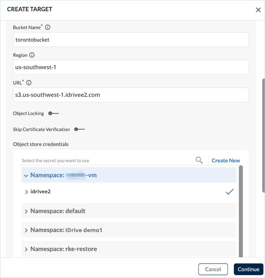 Create target screen for Trilio backup setup
