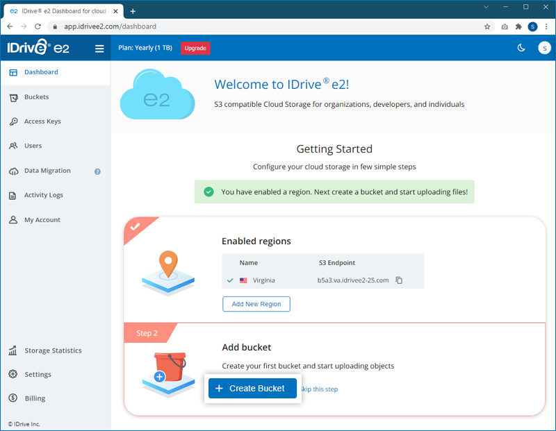 FAQ dashboard - Create bucket button on dashboard