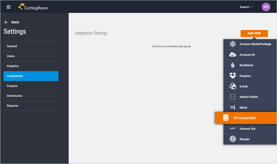 Click S3 compatible from the drop-down to configure integration settings