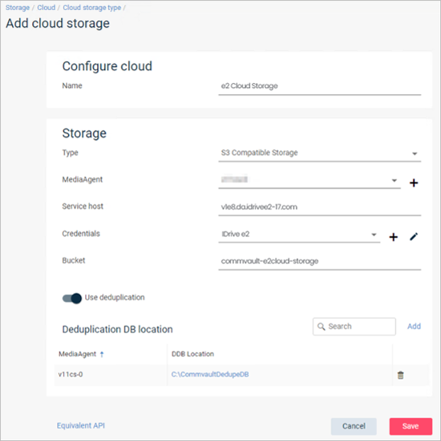 Click Save to add IDrive e2 as cloud storage in Commvault