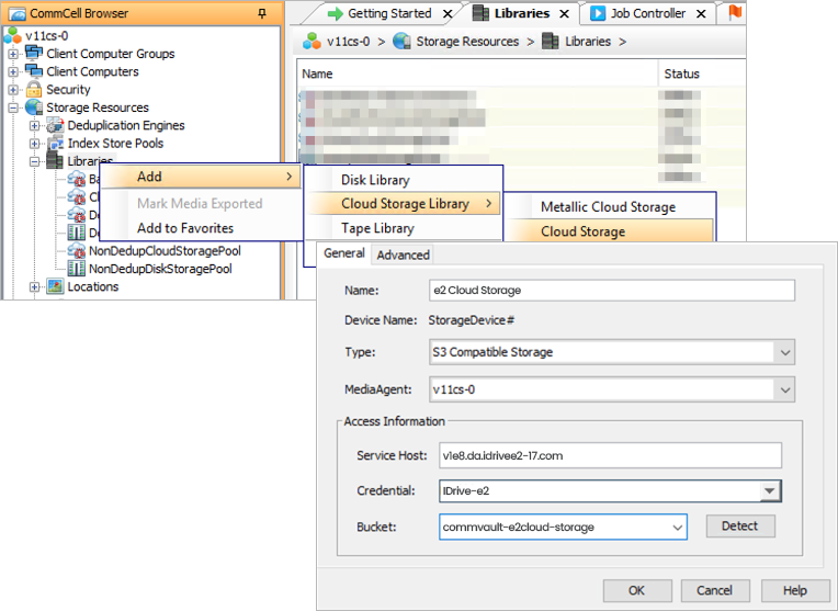Right-click Libraries and select Add Cloud Storage Library in the CommCell Browser