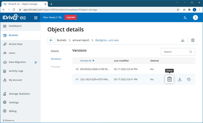 FAQ dashboard - Delete versions screen