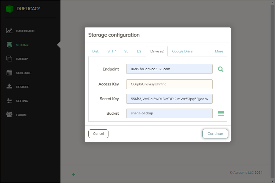Enter S3 credentials and click Continue