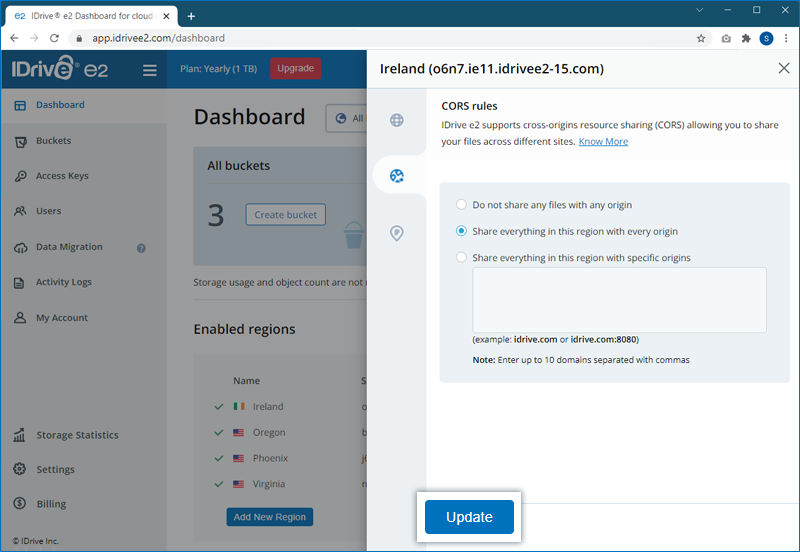 FAQ dashboard - CORS rules screen