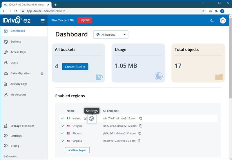 FAQ dashboard - Enabled regions screen