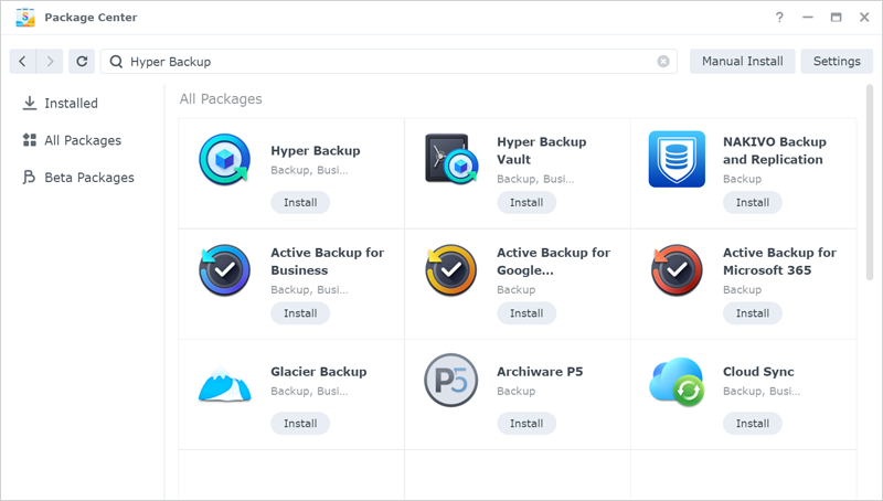 Synology Hyper Backup - Package Center screen