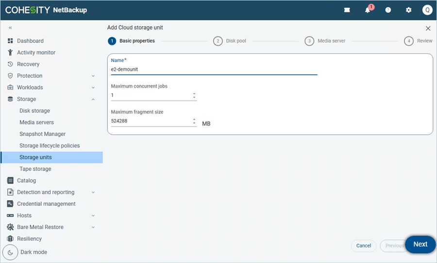 Enter basic storage unit details including name and concurrent jobs, then click Next