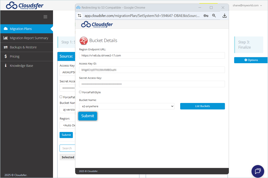 Enter bucket details under Target and click Submit