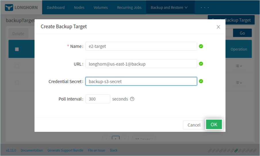 Longhorn backup target details form where the bucket URL and credentials are entered