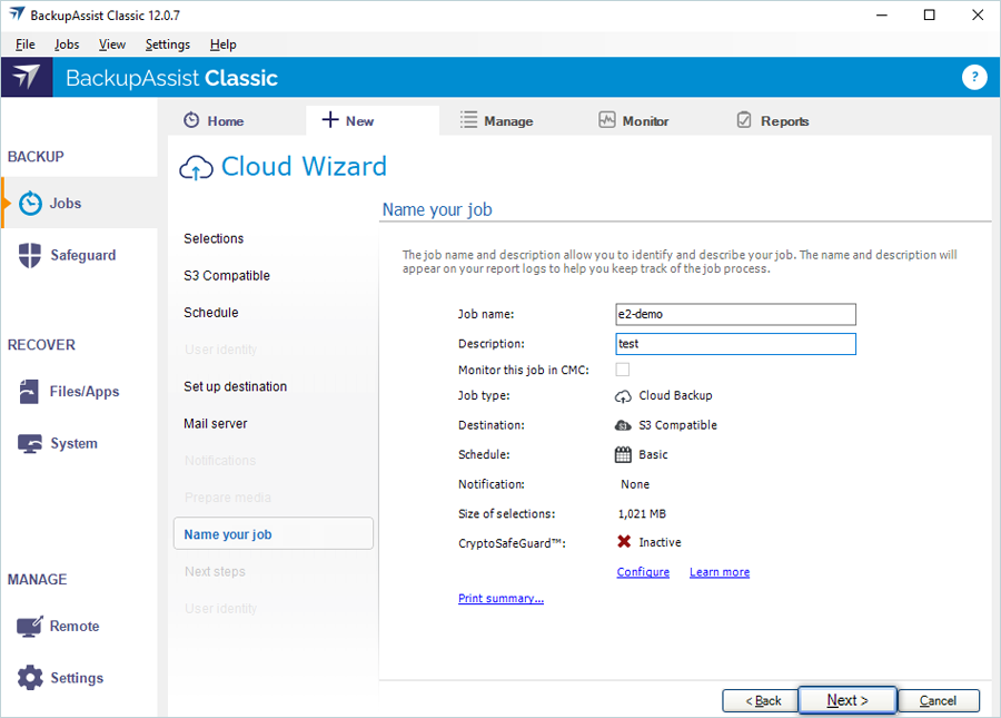 Enter backup job name and description