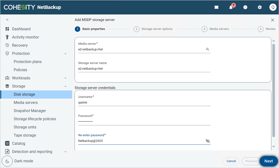 Enter storage server credentials and click Next