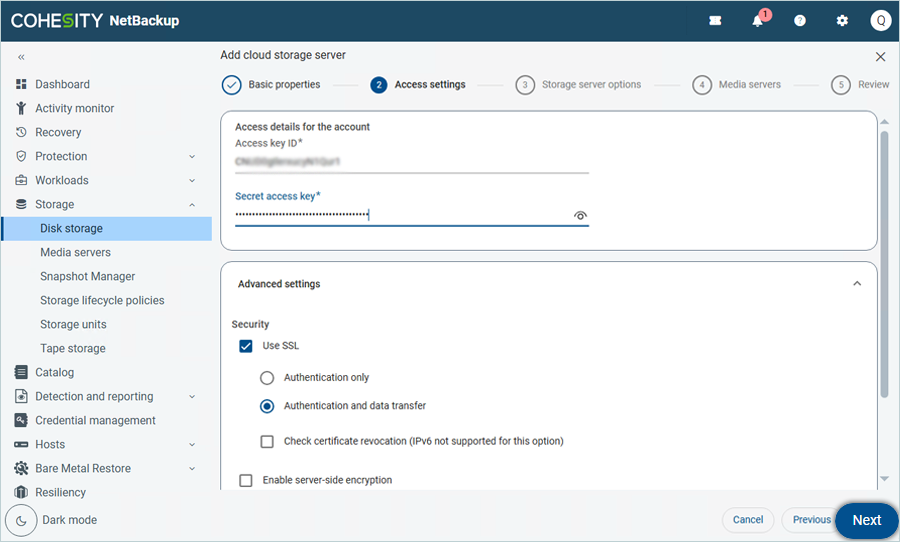 Enter IDrive e2 Access Key and Secret Key in Access Settings and click Next