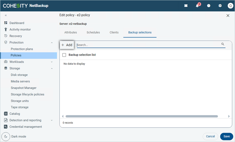 Select from Client Storage and click Add in the Add Backup Selection window