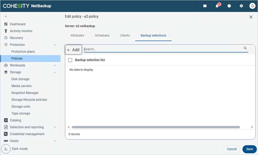 Select from Client Storage and click Add in the Add Backup Selection window