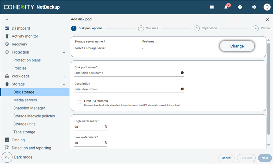 In the Add disk pool window, click Change to select a storage server