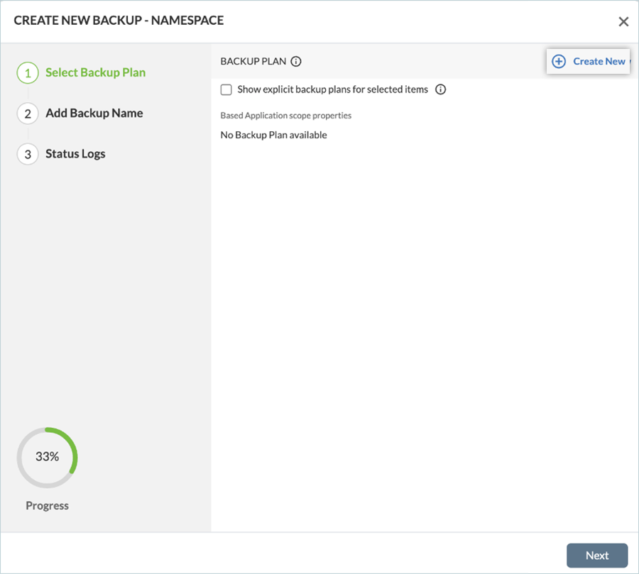 Create new backup plan screen in Trilio setup