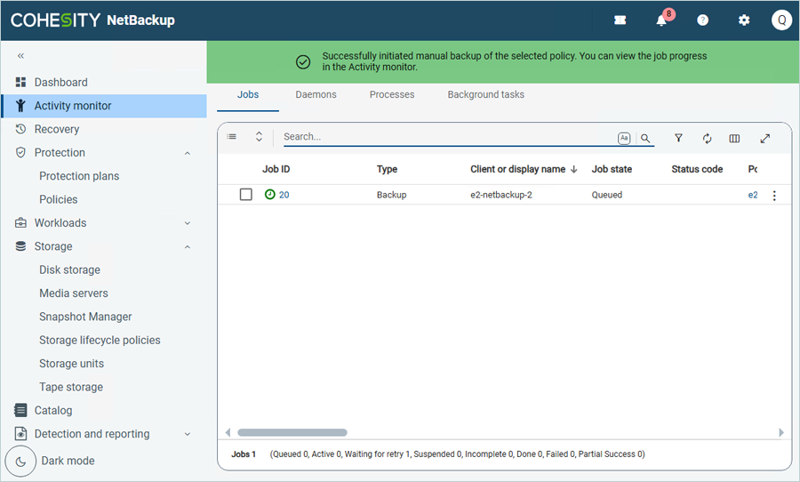 NetBackup Activity Monitor showing backup job progress and status