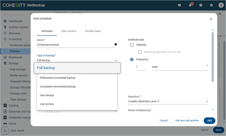 Enter schedule name and backup type details, then click Add
